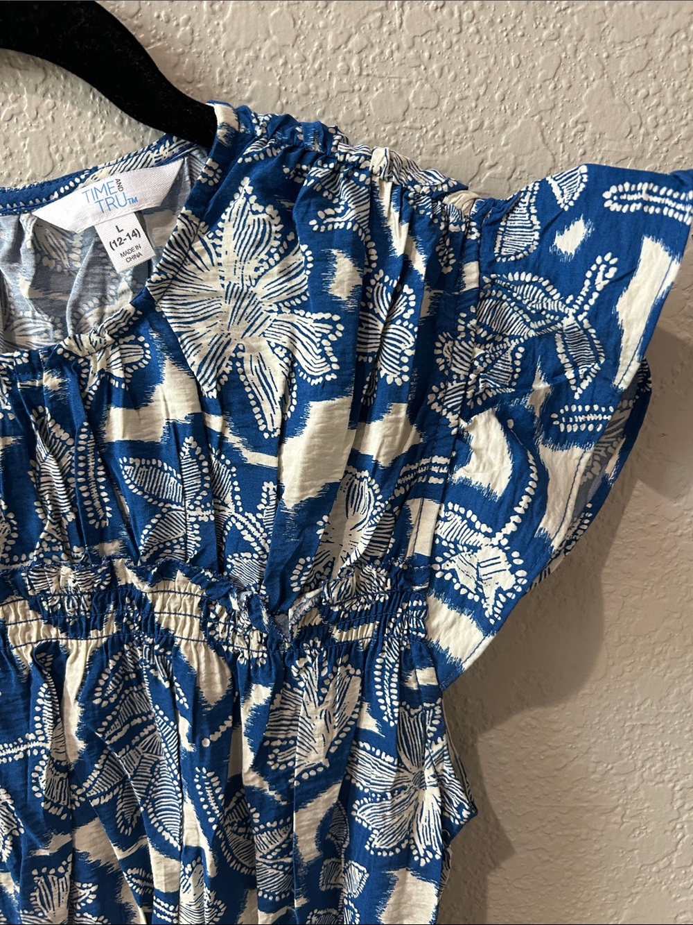 Time and Tru Blue and White Floral Smocked Peplum Top - Picture 3 of 8